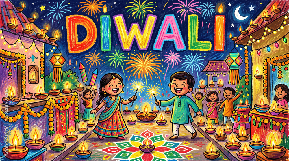 Obraz premium Cute Diwali Festival Artwork, Kids Drawing Pastel Sketch with Traditional Indian Lights