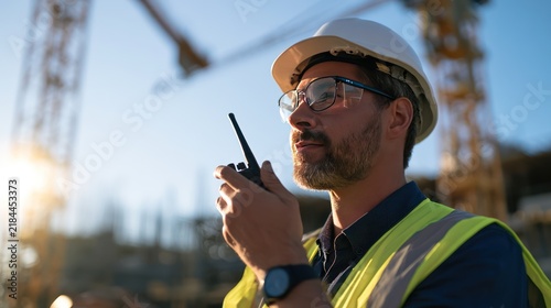 A construction worker in a hard hat and safety vest speaks on a walkie-talkie at a sunny construction site