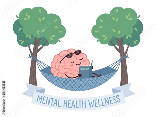 Visual explores mental health wellness through brain resting in hammock. Ideal for stress management content or healthcare blogs. Use for psychological awareness or relaxation themes to engage medical