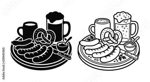 Sausages pretzel beer and coffee arrangement in black and white vector illustration