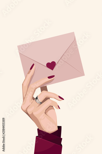 Elegant female hand holding pink love letter envelope with heart sticker, woman hand with burgundy manicure and silver ring vector illustration, romantic mockup for wedding invite or valentine card