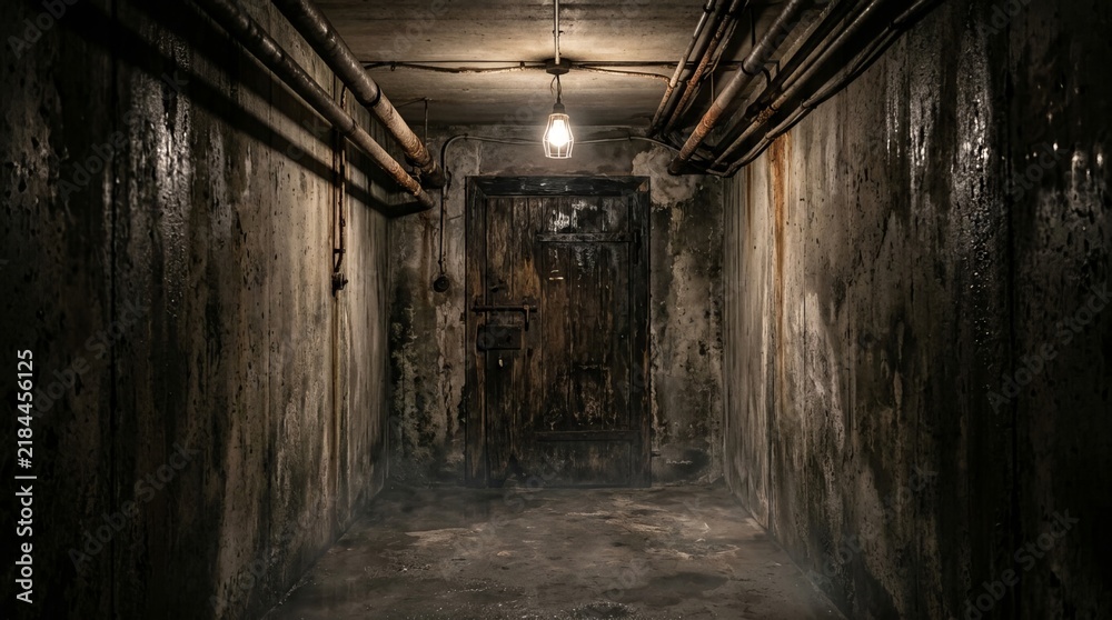 Fototapeta premium Dark basement corridor with aged concrete walls and weathered pipes leads toward heavy wooden door illuminated by single hanging light bulb creating moody suspenseful atmosphere.