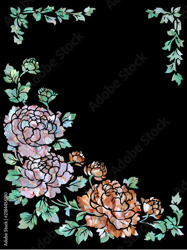 : Mother of pearl traditional colorful peony flowers corner decorative frame