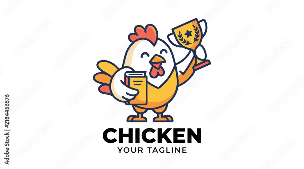 Fototapeta premium Cute cartoon chicken mascot holding a book and a trophy.
