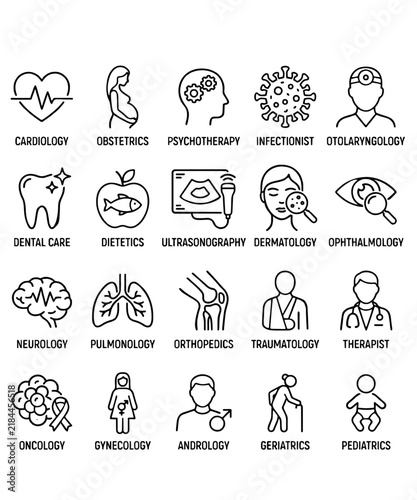 Fotografie Medical Specialty Line Icon Set Doctor Department Vector Icons Cardiology Neurol