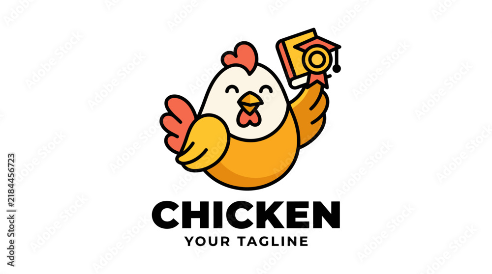 Fototapeta premium Cute cartoon chicken mascot holding a graduation book logo design.