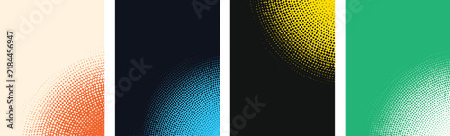 Four vertical panels featuring curved halftone dot patterns in orange, blue, yellow, and green colors
