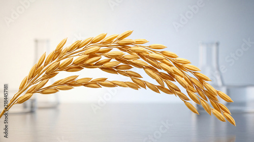 Close up of golden rice ears in laboratory setting, representing agricultural biotechnology research, food science, and grain quality testing for sustainable farming.