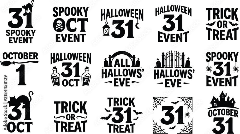 Obraz premium Halloween Typography Badge Collection with Trick or Treat Spooky Event and October Thirty First Quotes for Graphic Design Projects