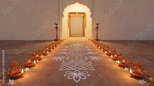 Traditional indian rangoli design on floor with glowing diyas and marigold flowers for diwali celebration