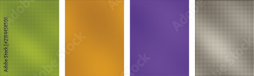 Four vertical panels featuring halftone dot grids in green, orange, purple, and brown gradient tones