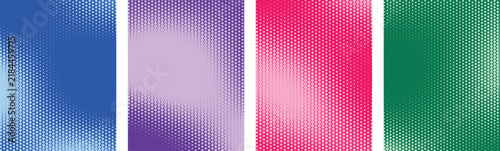 Four vertical panels featuring colorful halftone dot patterns with gradient transitions and fading effects