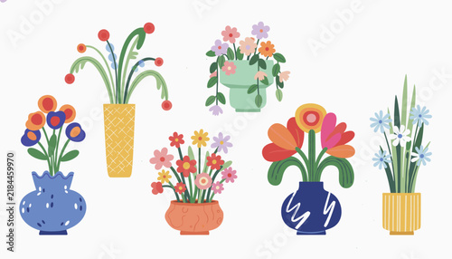 Six diverse potted flowers and green houseplants in colorful vases are arranged on a clean white background.