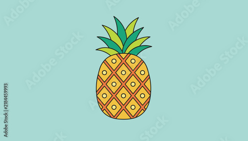 Stylized yellow pineapple with green leaves stands alone in the center of a solid light blue green background.