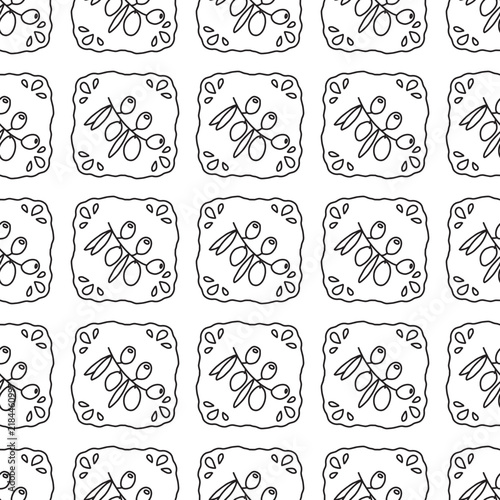 Mediterranean tile seamless pattern with olive branch and leaves in wavy frame. Black doodle tile for print, wall decor, fabric and textile