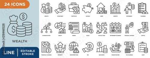 Wealth  line icon set with editable stroke for  investment, portfolio, asset, growth, retirement, planning, diversification