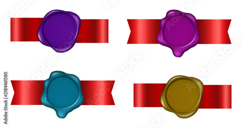 Photography Colorful wax seals on red ribbons for certificates transparent background