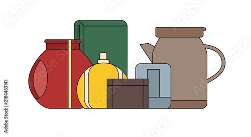 Minimalist Flat Vector Illustration Featuring a Collection of Kitchen Utensils Teapots and Various Decorative Home Objects