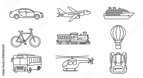 Set of Linear Transportation Icons Featuring Vehicles for Travel and Commuting Services