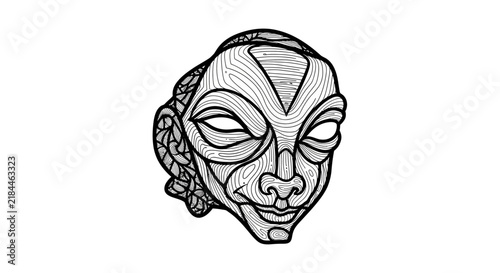 Intricate Tribal Style Mask Illustration Featuring Detailed Line Art Patterns and Cultural Symbolic Motifs on a Plain White Background