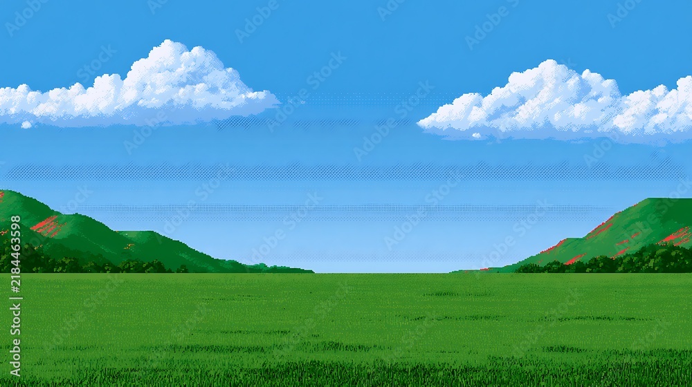 Obraz premium Pixel art grass field with blue sky and white clouds