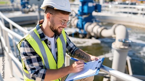 A smiling engineer in protective gear documents his observations at an industrial water treatment facility.