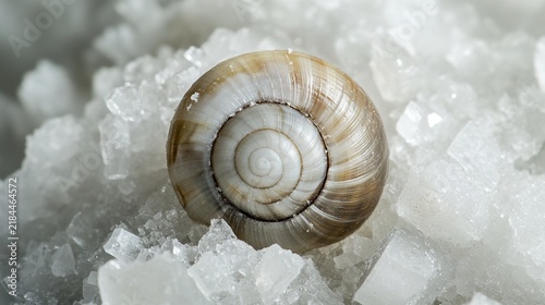 gastropod. A snail moving slowly across a surface of coarse salt crystals in an extreme close-up. wildlife magazines, conservation campaigns, designed for wildlife conservation campaigns.
