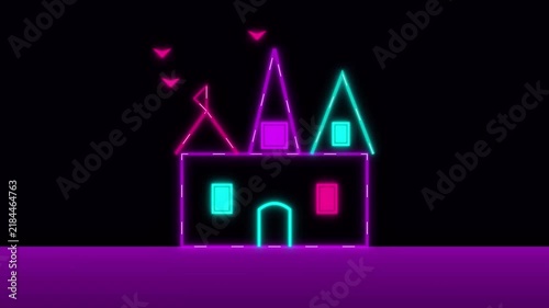 Neon glowing castle silhouette outline abstract motion background with flying bats and purple night landscape