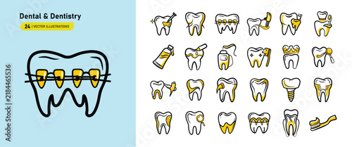Dental and Dentistry Illustration Set, Tooth Care Dental Treatment Oral Health Dentist Clinic and Stomatology Vector