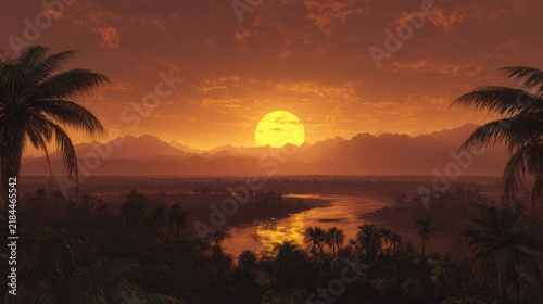 dramatic tropical rainforest at sunset, enormous orange sun disappearing behind distant jungle mountains, glowing clouds and golden atmospheric haze