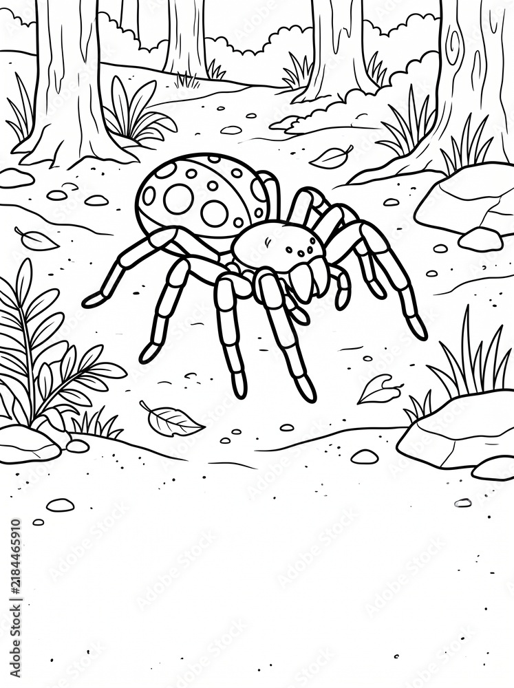 Fototapeta premium Cute cartoon spider with web, black and white coloring page. Part of a large matching collection of spider coloring pages for children and adults.