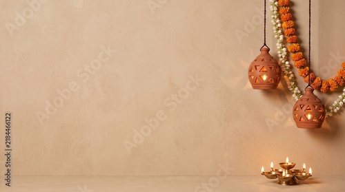 Diwali festival background with traditional clay lamps and marigold flowers