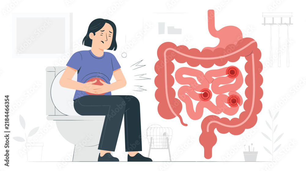 Obraz premium Woman consulting about digestive health with human intestine anatomy illustration