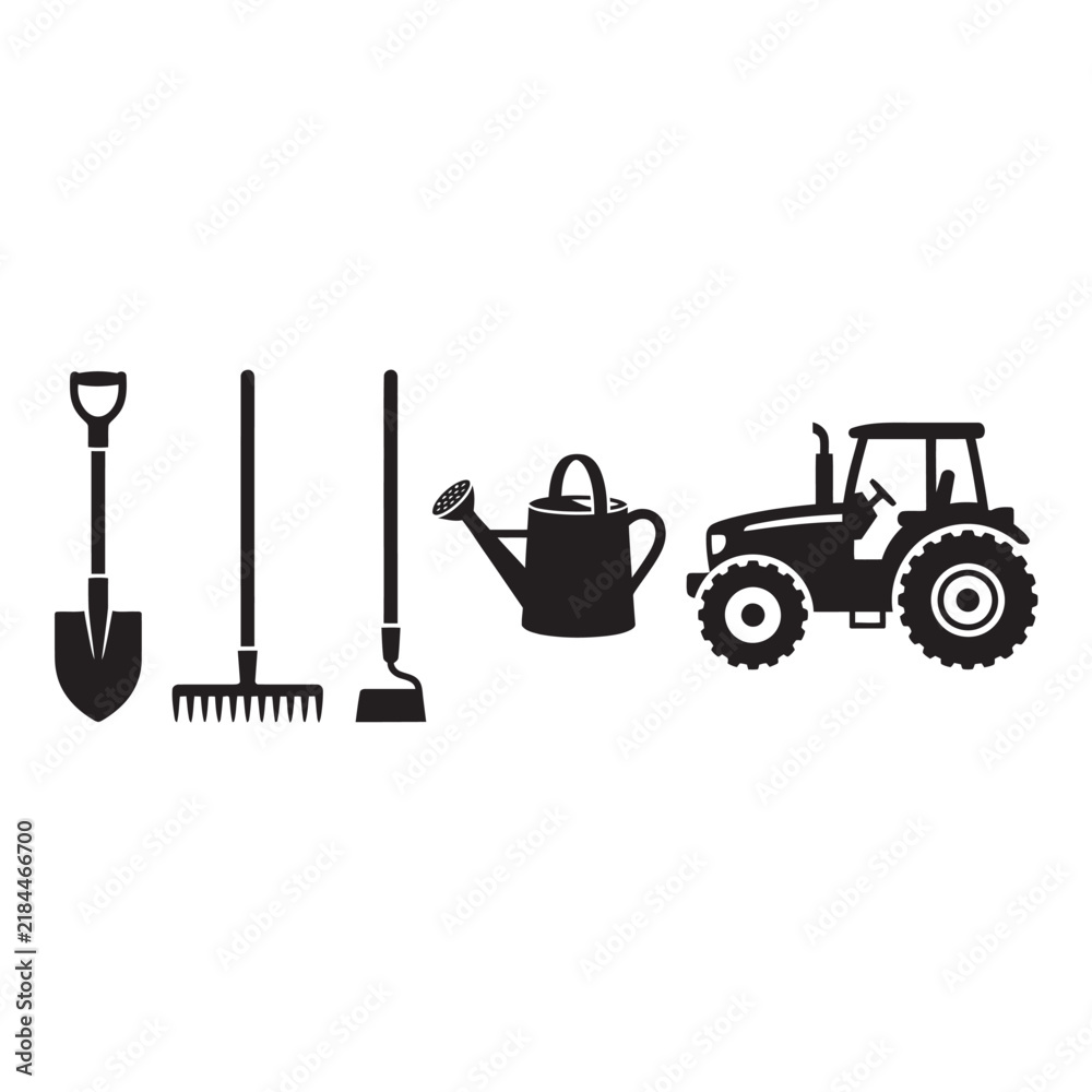 Fototapeta premium Agriculture tool silhouettes including shovel, rake, hoe, watering can and tractor, black vector isolated on white background