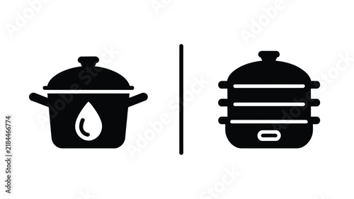 Cooking pots and pressure cooker kitchen utensil icons in black silhouette