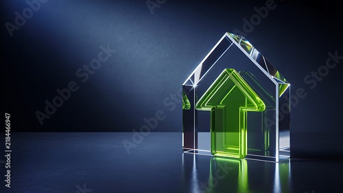 Glass house model with green arrow for property growth and investment