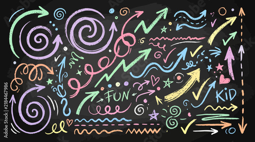 A colorful chalk drawing on a blackboard with arrows and fun designs