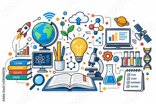 AI generated colorful education science icons light bulb globe microscope books computer laboratory tools technology symbols representing learning research innovation