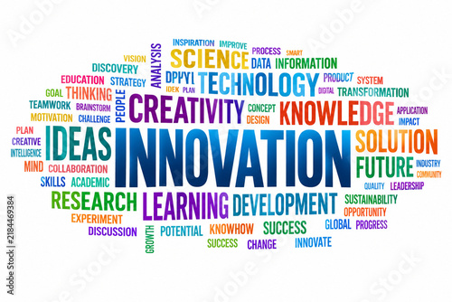 AI generated colorful word cloud highlights innovation ideas creativity technology knowledge science research learning development future progress clean background