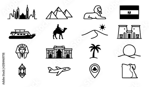 Fotografie Ancient Egypt Cultural Symbols – Pharaoh Ankh Scarab Pyramid Vector Icon Collect