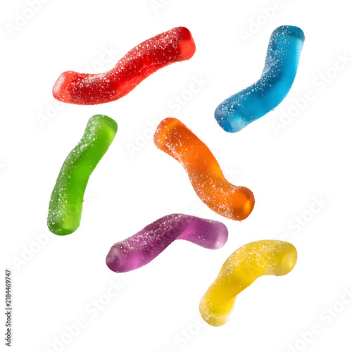 Falling Colorful Gummy Worm Candies with Sugar Coating on Transparent Background