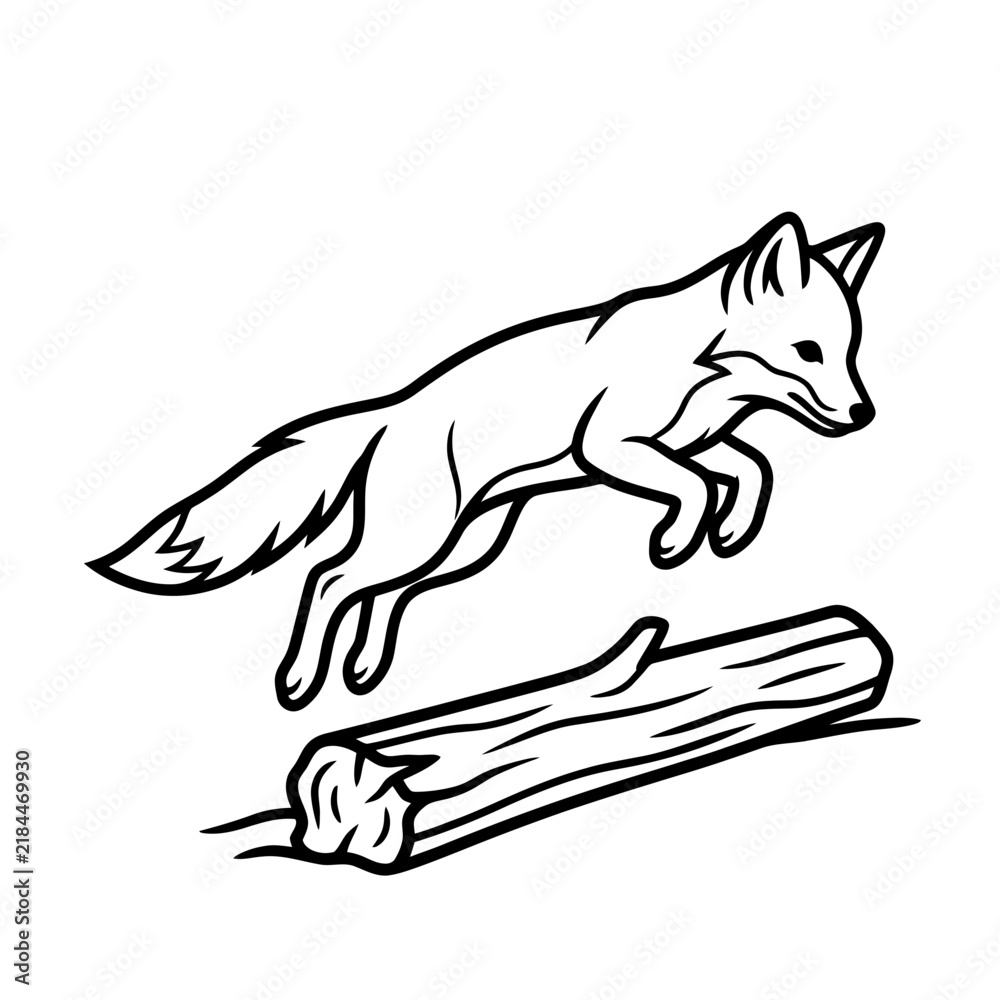 Obraz premium Fox jumping over log, stylized illustration
