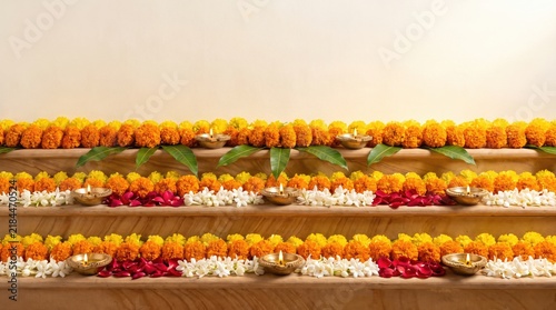 Diwali festival background with traditional oil lamps diya and flowers decoration, celebration greeting