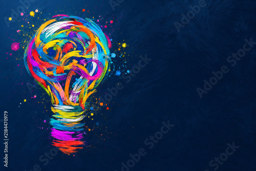 AI generated colorful light bulb formed by expressive painted strokes splashes dark blue background representing creativity innovation imagination bright ideas