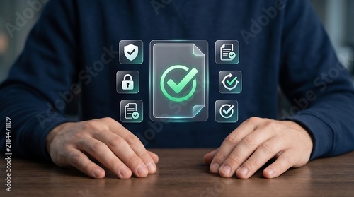 Man working at wooden desk with glowing holographic certified document and security compliance icons representing verified digital contracts