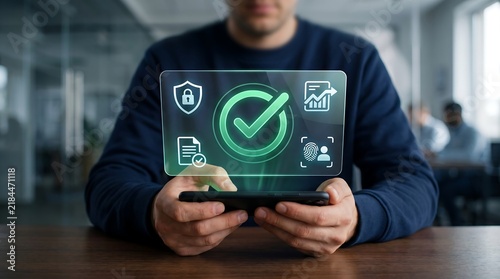 Person using smartphone to verify digital document security and biometric authorization with glowing approval checkmark hologram