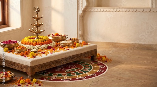 Diwali festival celebration with traditional brass oil lamp, flower decorations, and rangoli on the floor