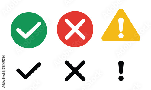 Bild auf Leinwand Set of check marks, cross marks and exclamation marks green checkmark, red cross