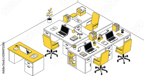 Modern isometric office workspace layout featuring empty corporate employee cubicles yellow chairs desks laptops and organizer files