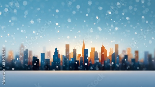 Snow falls over a glowing city skyline with tall buildings at sunrise winter